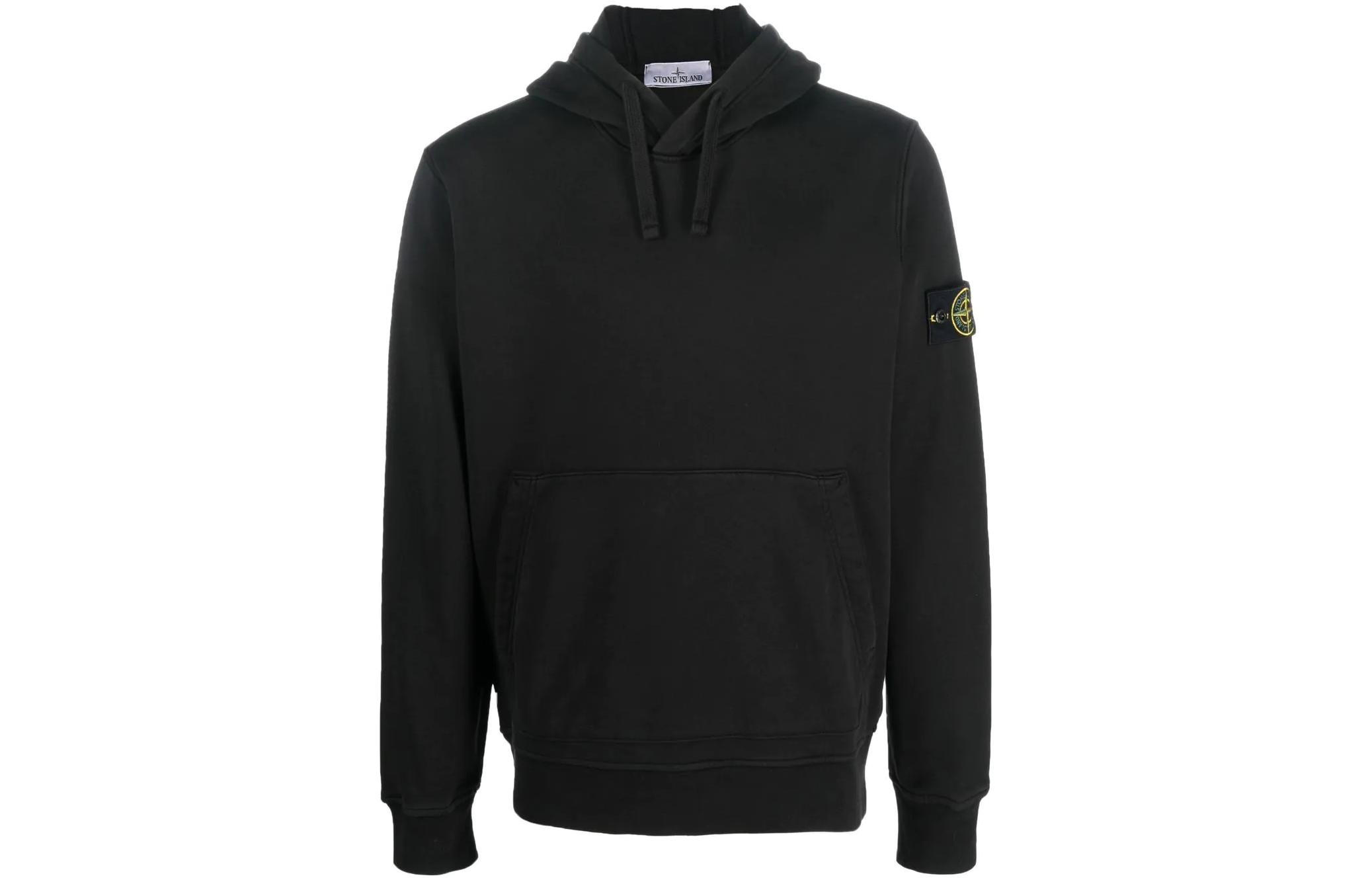 STONE ISLAND SS23 Logo Patch Drawstring Hoodie Black Mens Pullover. 101564151-A0029