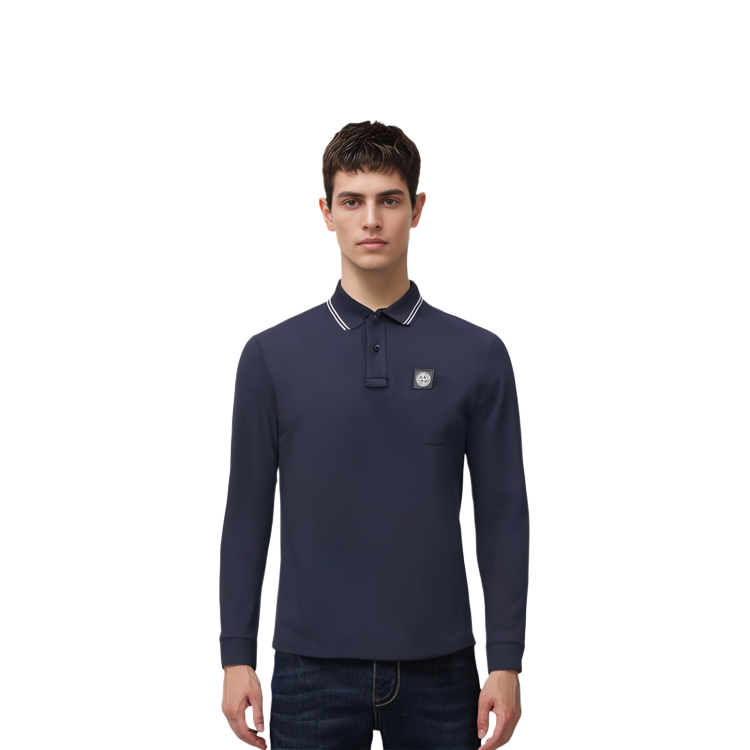 Shop STONE ISLAND SS23 海軍藍羅盤標誌長袖POLO衫 10152SL18-A0020