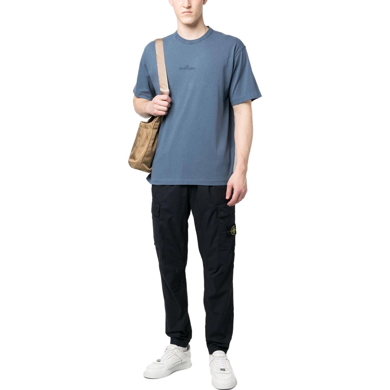 Lookbook 스톤아일랜드 SS23 솔리드 로고 프린트 크루넥 반팔 티셔츠 남성 다크블루 781520444-V0055