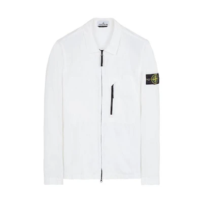 Stone Island SS23 Washed Long-Sleeve Shirt Jacket Zip Chest Strap - White 7815106WN-V0001