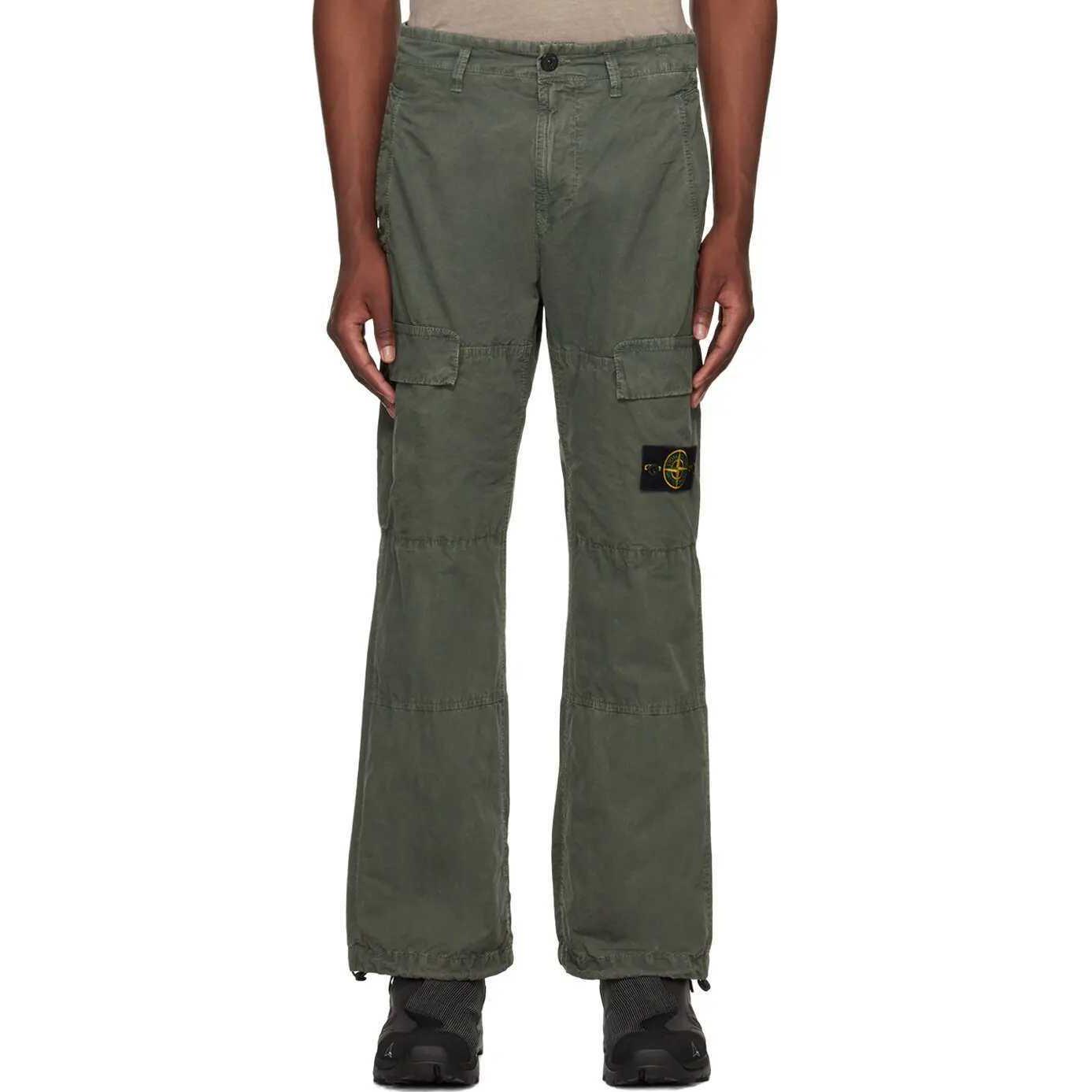 Shop Stone Island SS24 綠色直筒拉鍊口袋抽繩工裝長褲 8015311WA-V0159