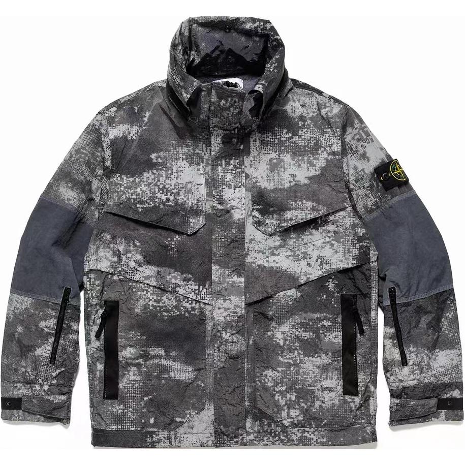 STONE ISLAND SS24  Grey Camo Zip-Up Jacket with Stand Collar. 8015438E1-V0060