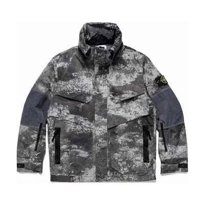 STONE ISLAND SS24 Grey Camo Zip-Up Jacket with Stand Collar. 8015438E1-V0060