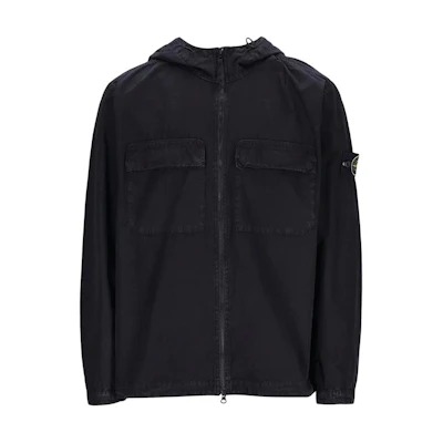 STONE ISLAND SS24 Faded Cotton Canvas Hooded Zip Shirt Jacket Black Menswear 8015106WN-V0129