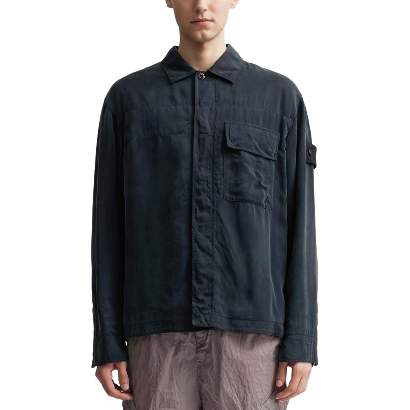Shop Stone Island SS24 Ghost Pieces Cupro Satin Overshirt Navy Blue  Shirt. 8015111F2-V0020