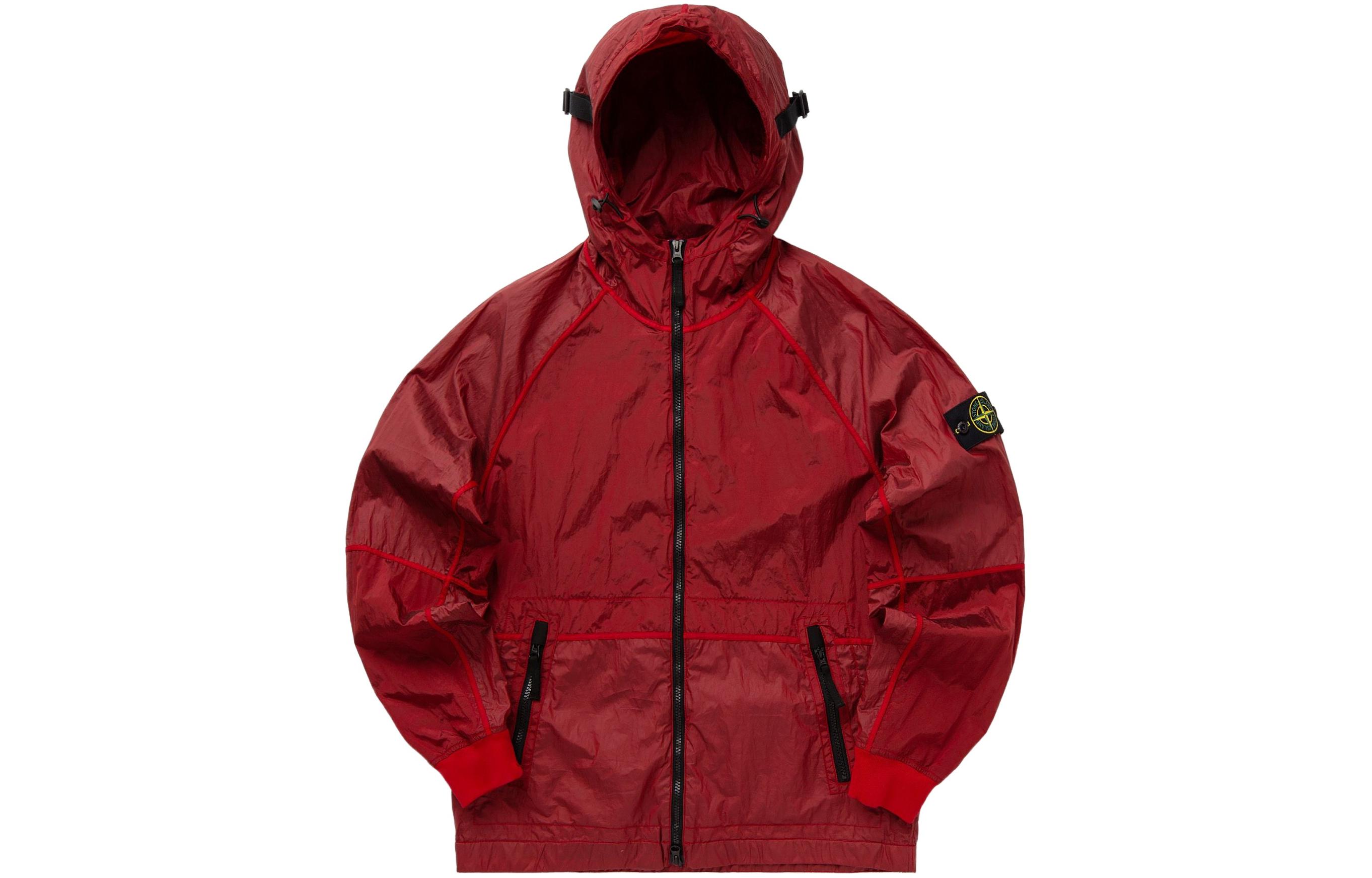STONE ISLAND SS24 Metal Nylon Logo Zip-Up Hoodie Jacket Brick Red for Men 801542020-V0010