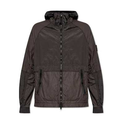 STONE ISLAND SS24 Metallic Nylon Colorblock Hooded Zip Jacket Men’s Charcoal Gray. 801542020-V0065