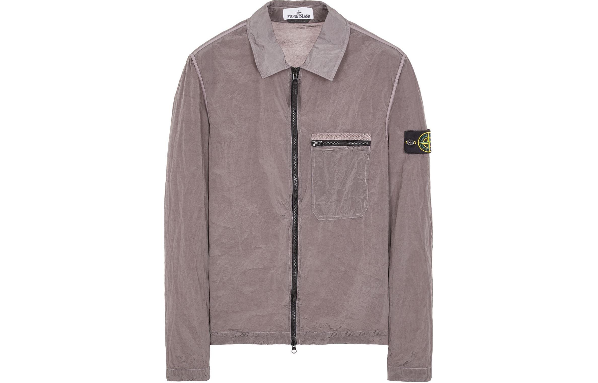 Stone Island SS24 Metallic Nylon Logo Jacket Silver Gray Long Sleeve Outerwear 801511219-V0063