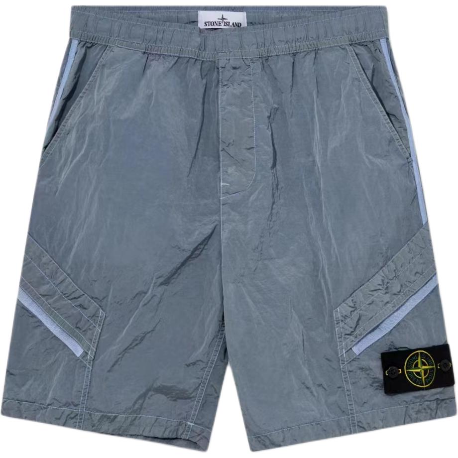STONE ISLAND SS24 Metallic Nylon Logo Relaxed Fit Shorts Men’s Light Blue 8015L1719-V0041