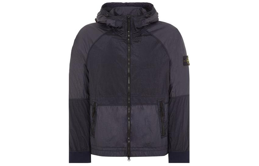 STONE ISLAND SS24 Metallic Nylon Logo Zip-Up Hooded Jacket Navy Blue Men’s 801542020-V0020