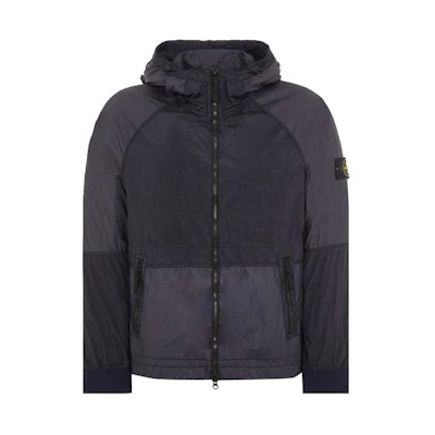 STONE ISLAND SS24 Metallic Nylon Logo Zip-Up Hooded Jacket Navy Blue Men’s 801542020-V0020