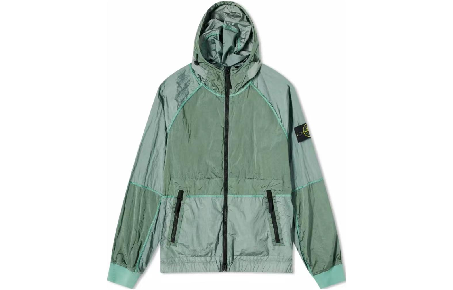 Stone Island SS24 Metallic Nylon Logo Zip Hoodie Jacket Green 801542020-V0052