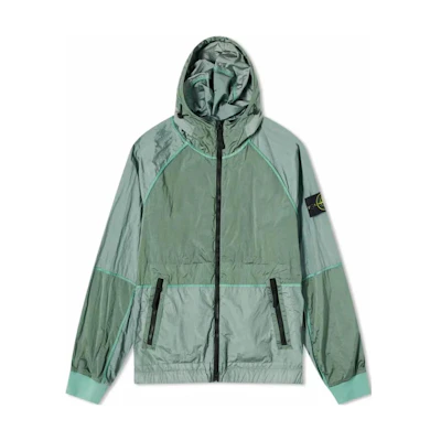 Stone Island SS24 Metallic Nylon Logo Zip Hoodie Jacket Green 801542020-V0052