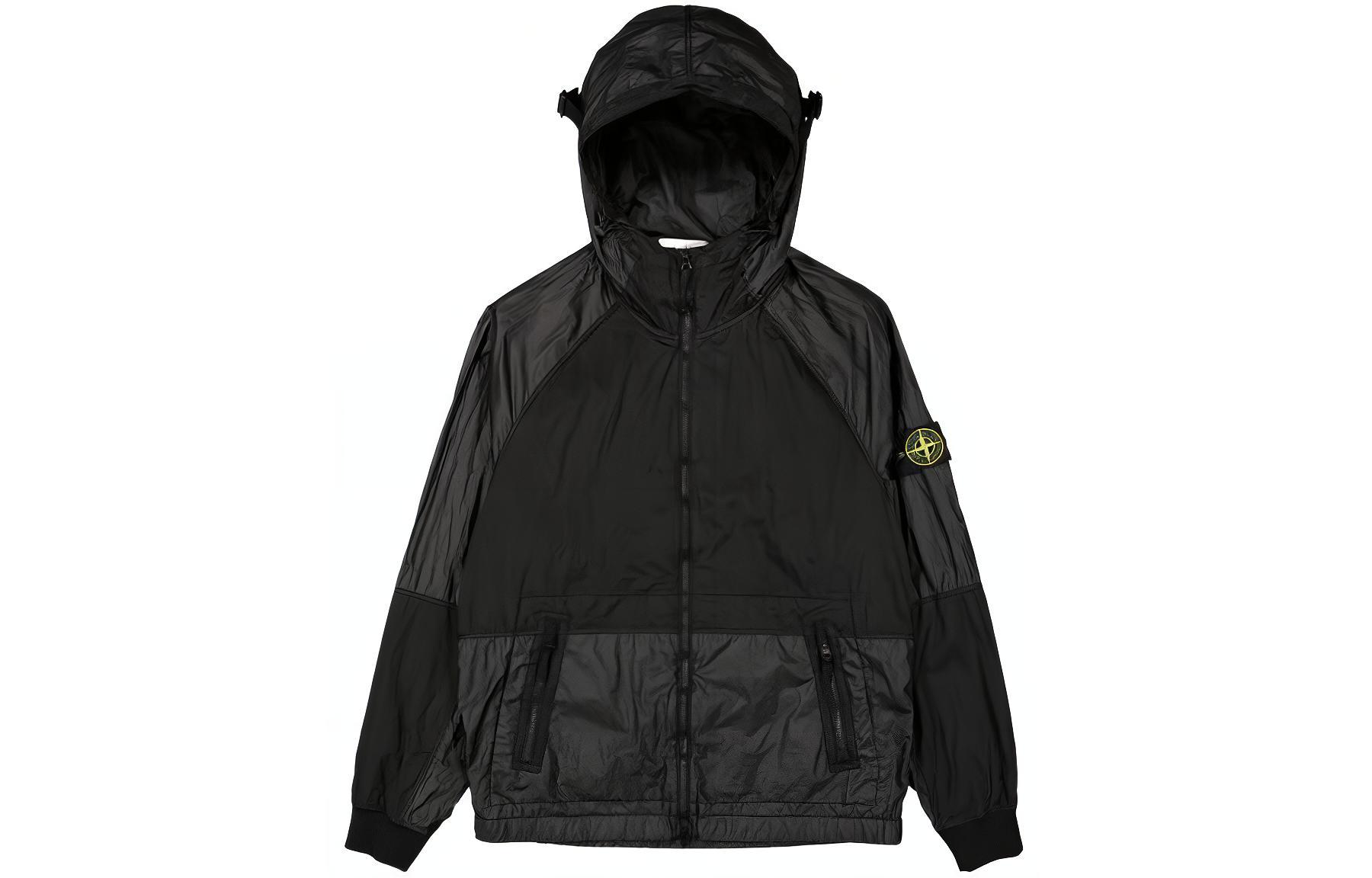 STONE ISLAND SS24 Metallic Nylon Series Logo Zip Hoodie Jacket Black Men 801542020-V0029