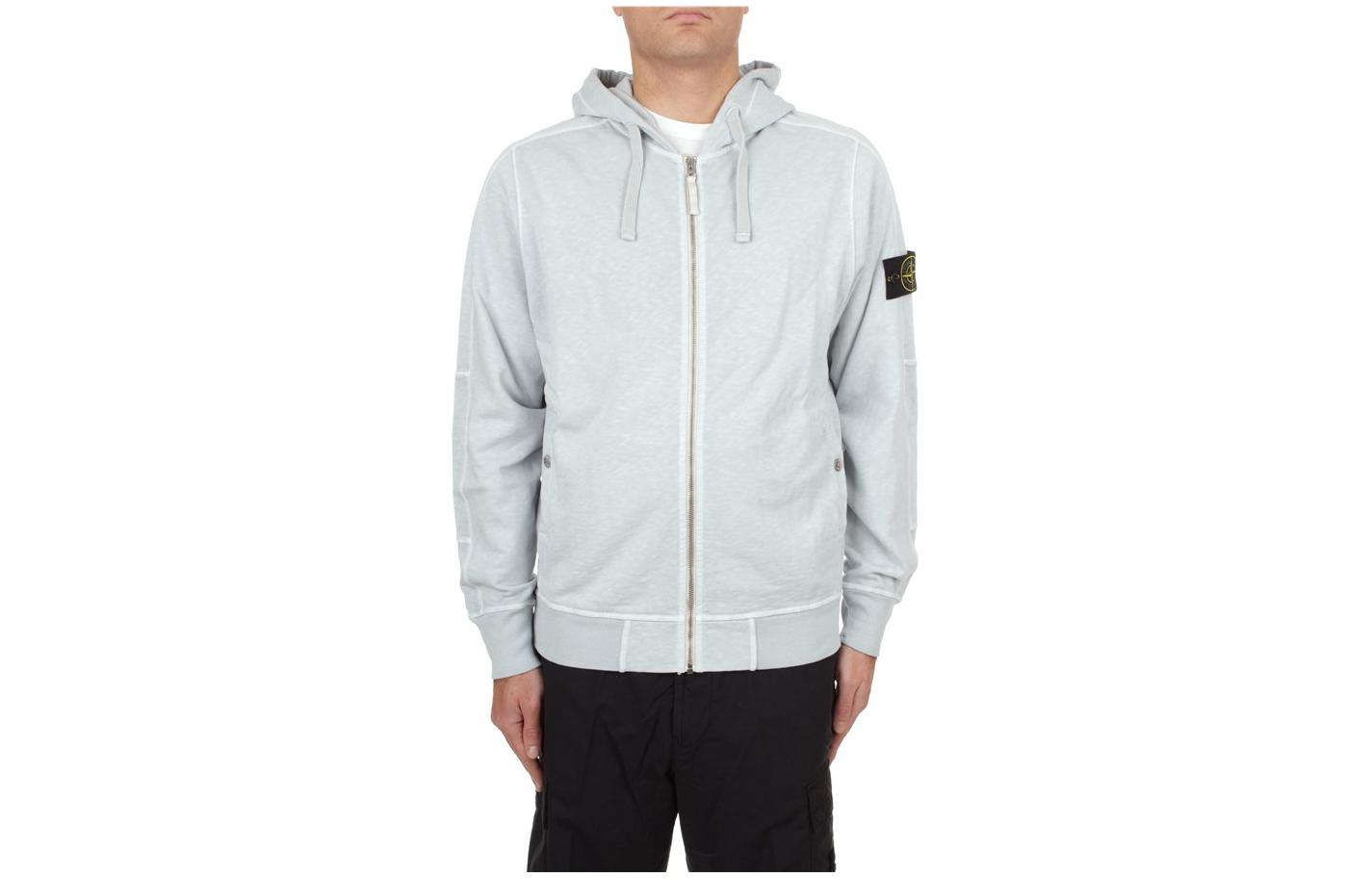 Stone Island SS24 Sky Blue Hooded Zip-Up Logo Sweatshirt 801563160-V0141