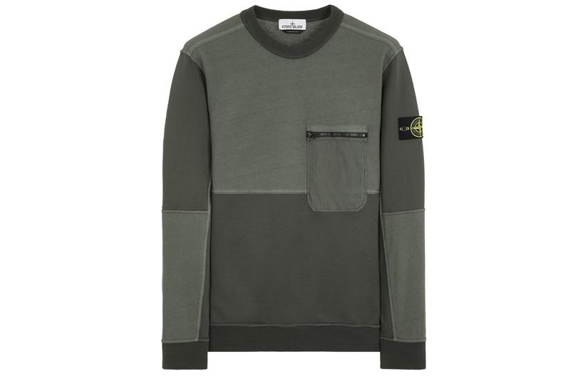 Stone Island SS24 Two-Tone Zip Pocket Crewneck Sweatshirt Olive Green Mens 801565677-V0059