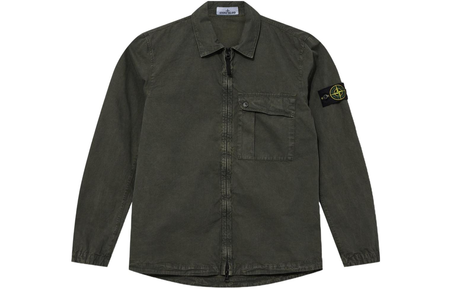 Stone Island SS24 Washed Cotton Military Green Zip-Up Shirt Jacket for Men 8015119WN-V0159