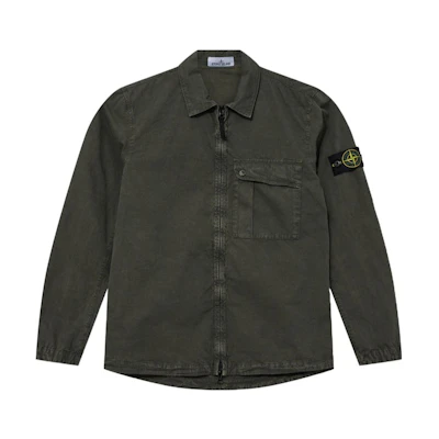 Stone Island SS24 Washed Cotton Military Green Zip-Up Shirt Jacket for Men 8015119WN-V0159