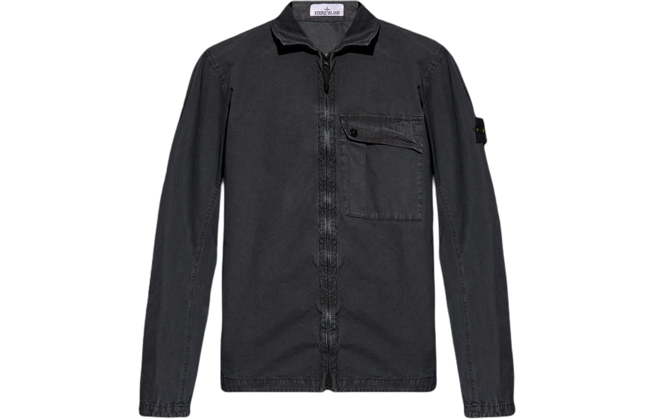STONE ISLAND SS24 Washed Cotton Zip-Up Shirt Jacket Charcoal Grey  Outerwear 8015119WN-V0165