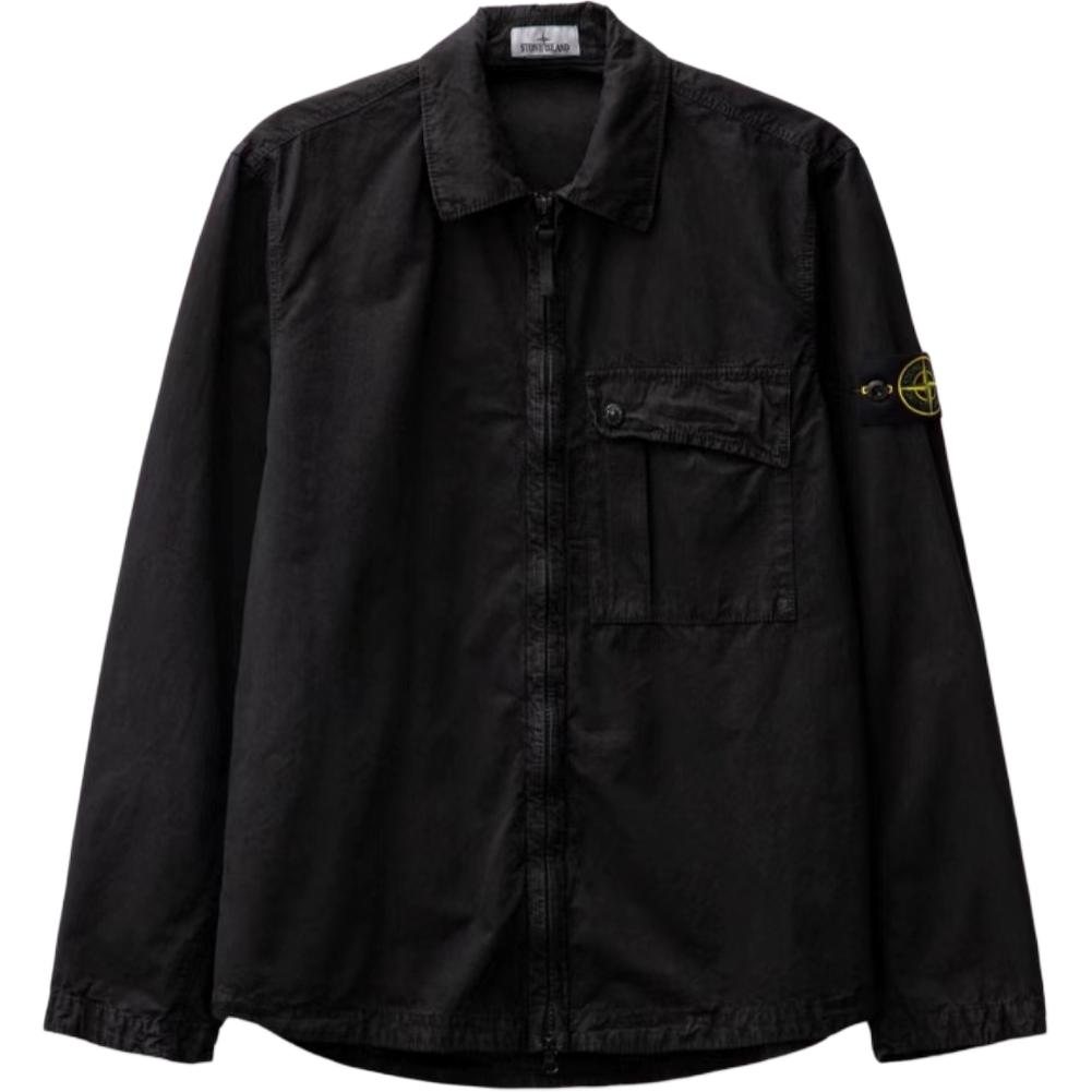 Stone Island SS24 Washed Logo Cotton Zip Pocket Long Sleeve Jacket Black . 8015119WN-V0129