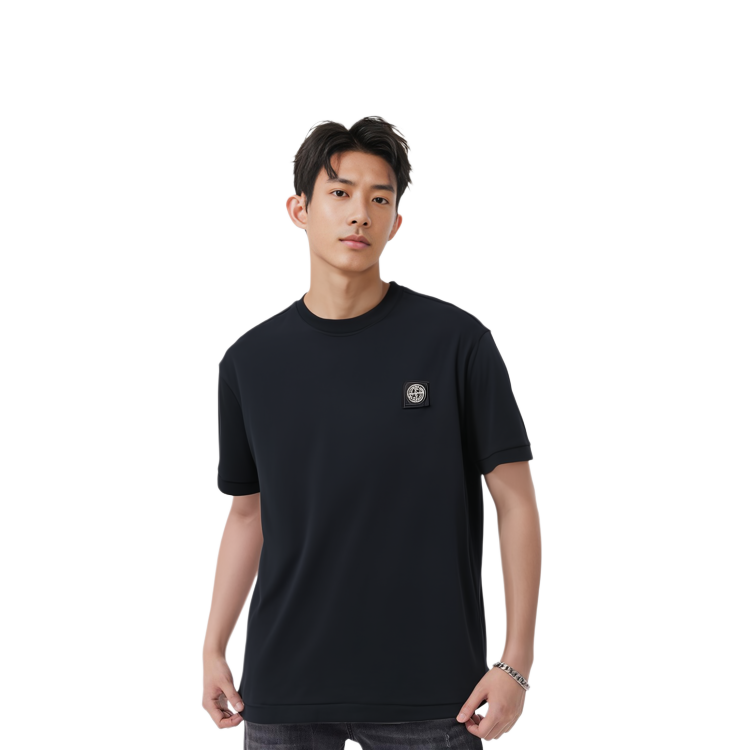 Shop STONE ISLAND Baju-T Logo Leher Bulat Warna Biru Lelaki 791524113-A0020