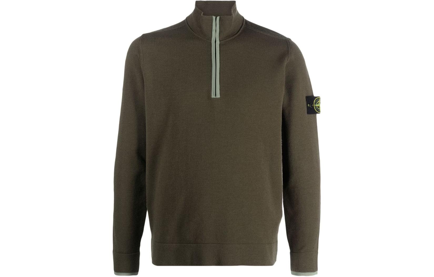 Stone Island Two-Tone Logo Half-Zip Sweatshirt Olive Green 7915521A1-V0058