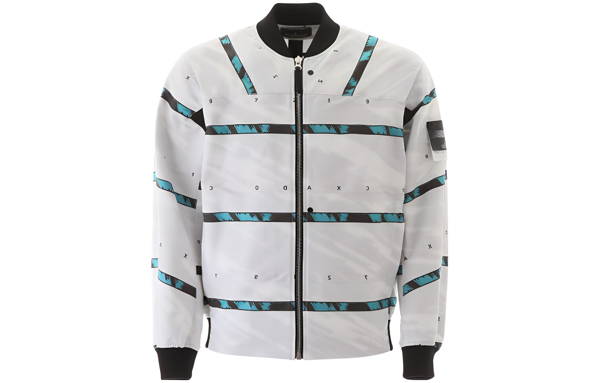 Stone Island White Bomber Baseball Collar Jacket with Stripes and Letter Print Men 721940812-V0001