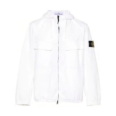 Stone Island White Logo Patch Zip-Up Jacket Long Sleeve Coat 801542610-V0001