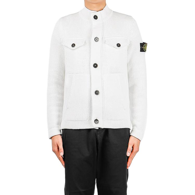 Stone Island White Logo Stand Collar Knit Jacket Long Sleeve Outerwear 7215544D4-V0001