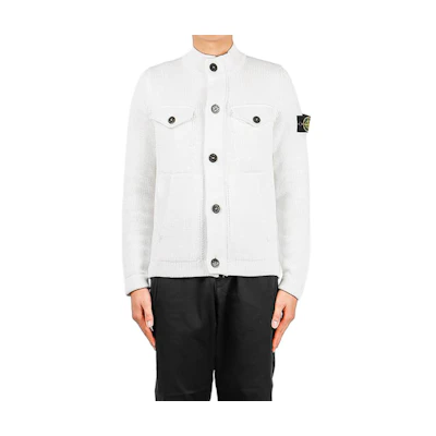 Stone Island White Logo Stand Collar Knit Jacket Long Sleeve Outerwear 7215544D4-V0001