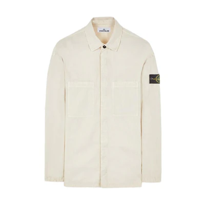 Stone Island White Long Sleeve Polo Shirt with Logo and Chest Pocket for Men. 7915112WN-V0197