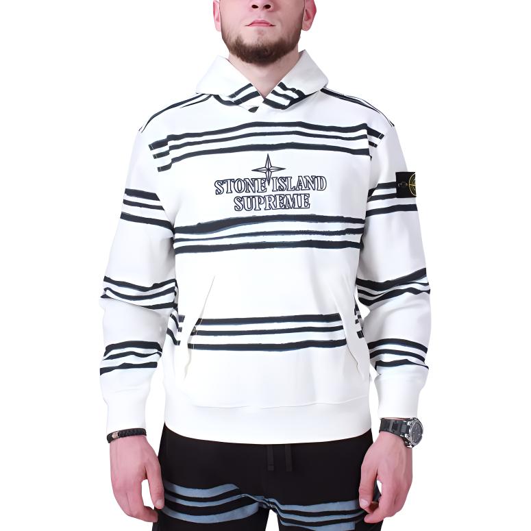 Stone Island White Striped Letter Print Hooded Sweatshirt for Men 7325601S5-V0001
