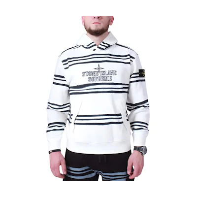 Stone Island White Striped Letter Print Hooded Sweatshirt for Men 7325601S5-V0001