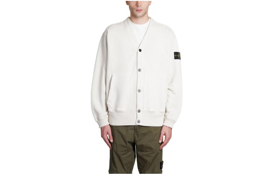 Stone Island White V-Neck Button-Up Long Sleeve Jacket for Men 791566255-V0197