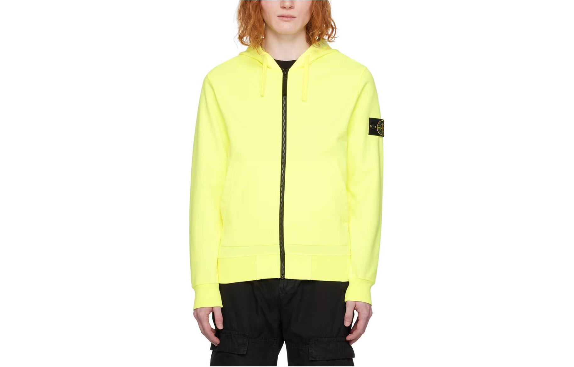 Stone Island Yellow Solid Color Zip-Up Hoodie Jacket with Logo 801564251-V0F30