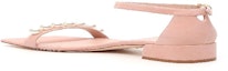 Shop Stuart Weitzman Nudist June 麂皮低跟涼鞋 '嬰兒粉花卉' NUDISTJUNESUEQ24