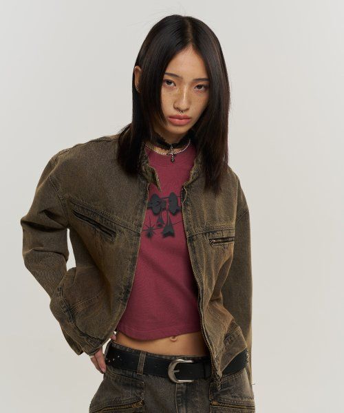 Shop SUPERSUB Washed Brown Cropped Denim Jacket SUBSS24014WBR