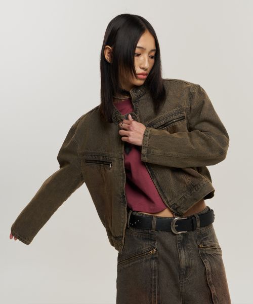 Purchase SUPERSUB Washed Brown Cropped Denim Jacket SUBSS24014WBR