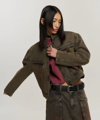 SUPERSUB Washed Brown Cropped Denim Jacket SUBSS24014WBR Purchase SUPERSUB Washed Brown Cropped Denim Jacket SUBSS24014WBR