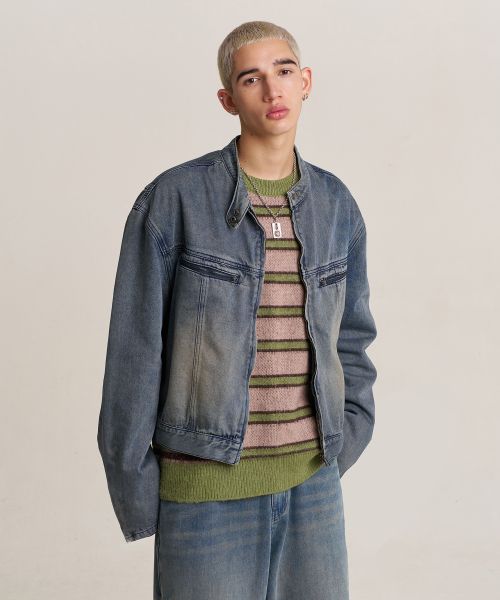 Shop SUPERSUB Washed Cropped Denim Jacket - Washed Blue SUBSS24081WBL