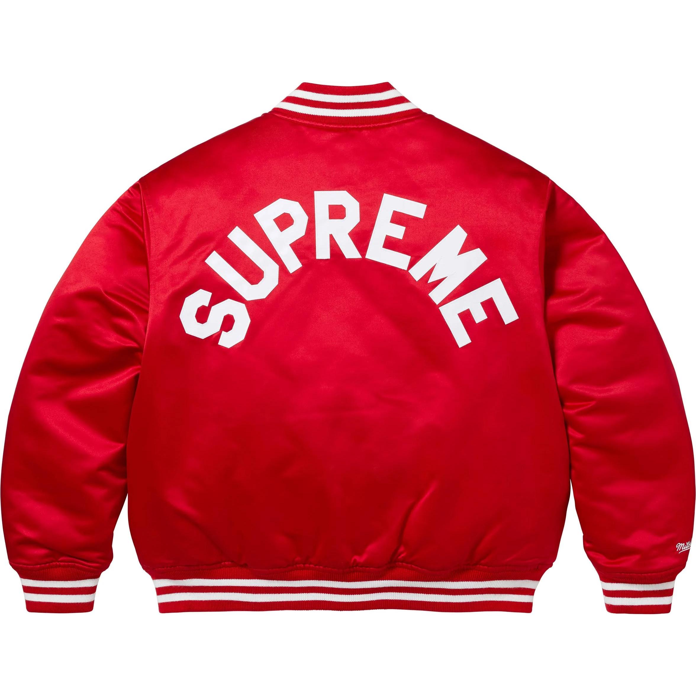Supreme × Mitchell & Ness FW24 Satin Varsity Jacket with Twill Applique Logo Unisex. SUP-FW24-209