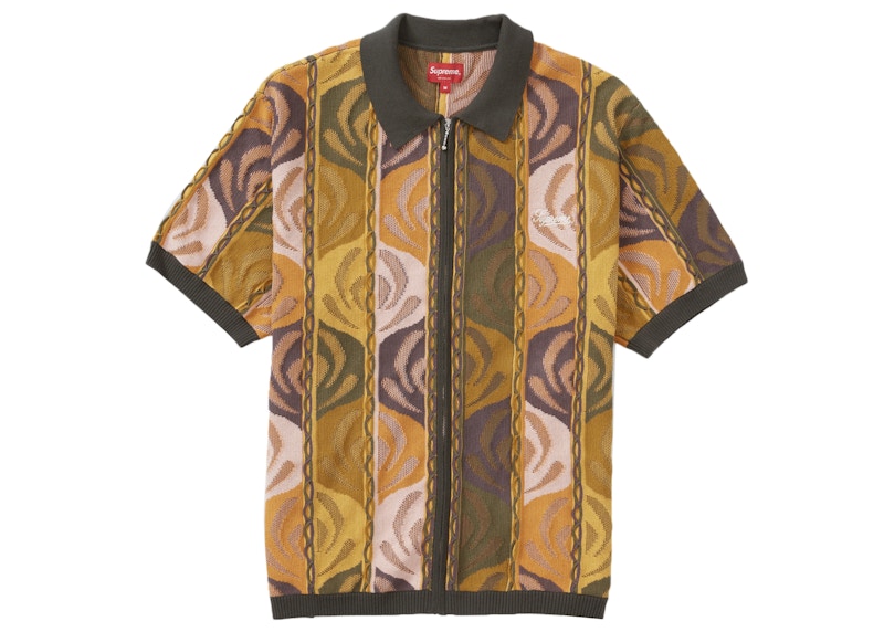 Supreme Abstract Textured Zip Up Polo Dark Olive