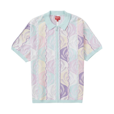 Supreme Abstract Textured Zip Up Polo Pale Blue