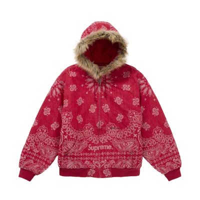 Supreme Bandana Jacquard Denim Hooded Work Jacket Red