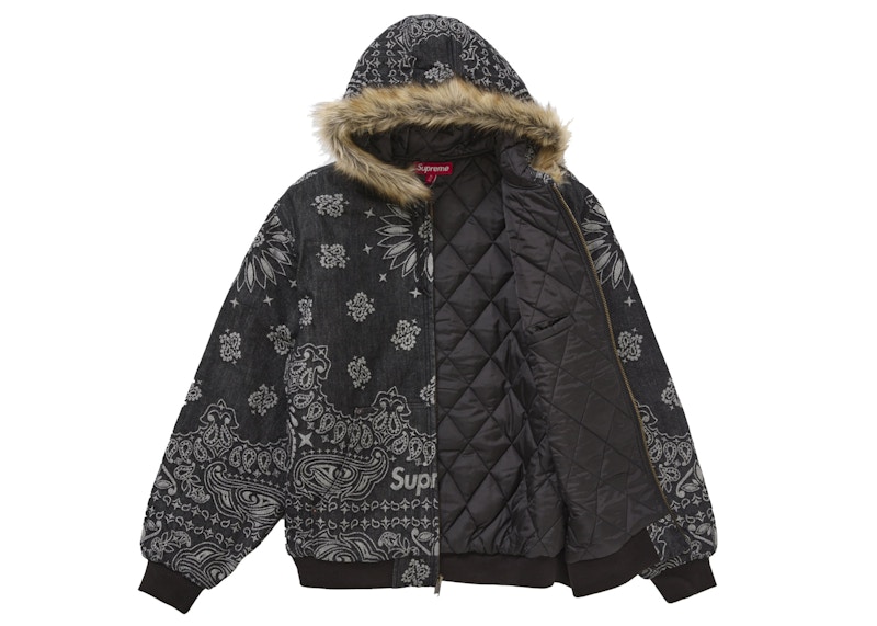 Order Supreme Bandana Jacquard Denim Hooded Work Jacket Hitam