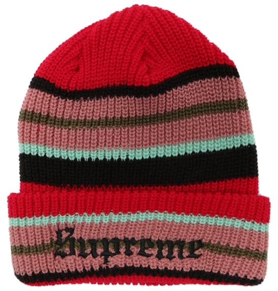 supreme-bright-stripe-beanie-red
