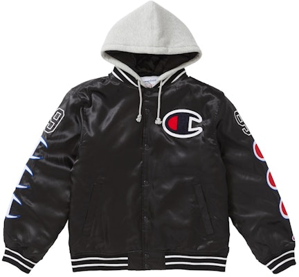 Supreme Champion Hooded Satin Varsity Jacket Black Buy Supreme Champion Hooded Satin Varsity Jacket Black