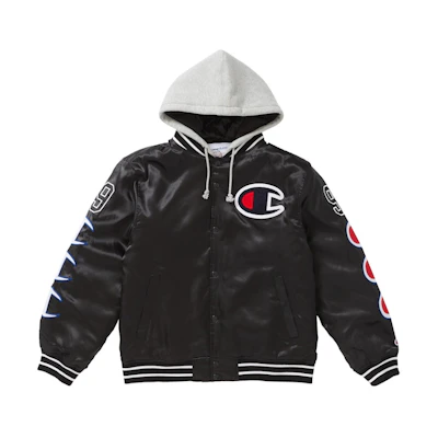 Supreme Champion Hooded Satin Varsity Jacket Black