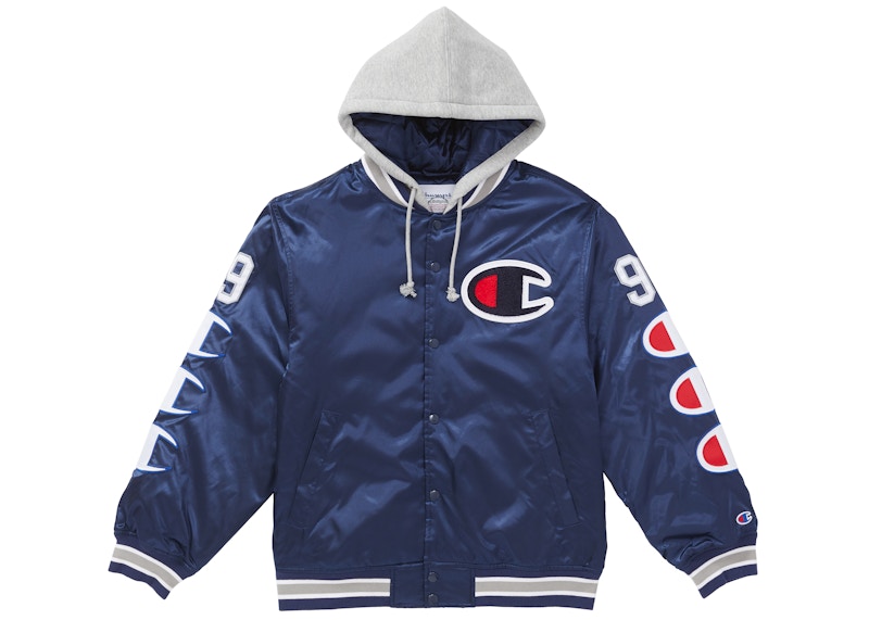 Supreme Champion Hooded Satin Varsity Jacket Navy