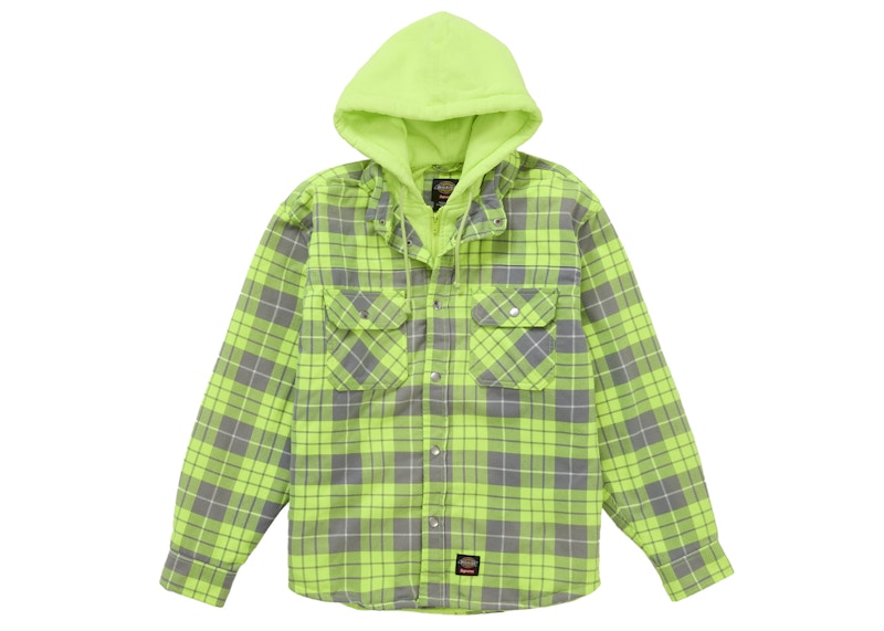 Supreme Dickies Lined Zip Up Hooded Flannel Shirt Neon Green